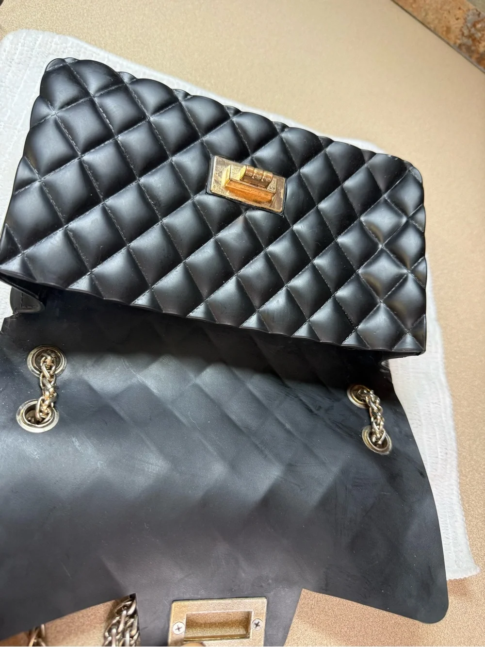 Quilted Black Shoulder Bag with Gold Turn-Lock